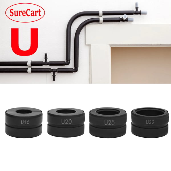 Puristusleuat - U-tyyppi 4 kpl - PEX-, PB- ja alumiinimuoviputkille - Koot 16/20/25/32 mm - Cr45-teräs - Karkaistu, mustaoksidoitu - Musta