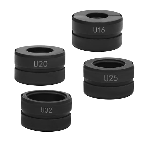 Puristusleuat - U-tyyppi 4 kpl - PEX-, PB- ja alumiinimuoviputkille - Koot 16/20/25/32 mm - Cr45-teräs - Karkaistu, mustaoksidoitu - Musta