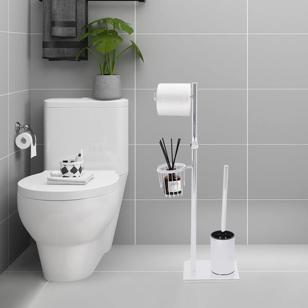 Vessapaperiteline - wc-harjalla - Ruostumaton teräs 201/304 - Pohja 20×16 cm, pidin 13,5 cm - Kori Ø10,2×10 cm - Hopea