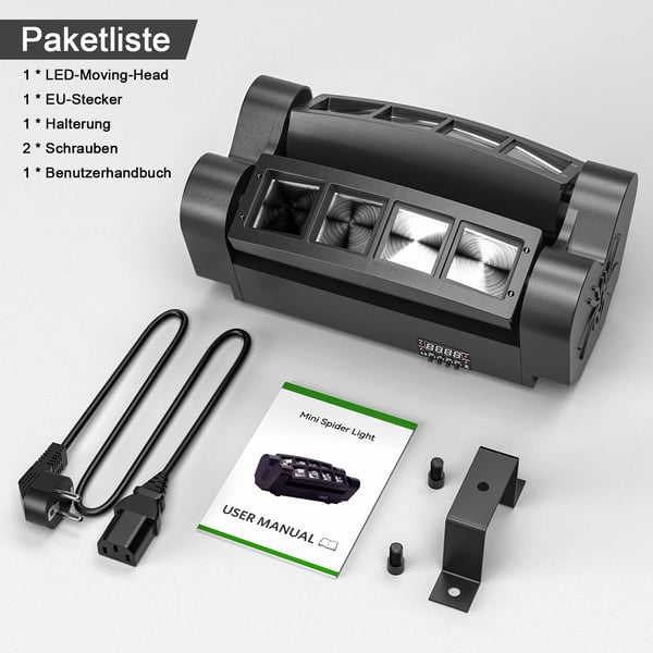 2 stk LED Spider Beam - Moving Head Scenelys - 8x10W RGBW - DMX512 7/15 kanaler - Lyd/Auto/Master-Slave - LCD-display - EU-stik