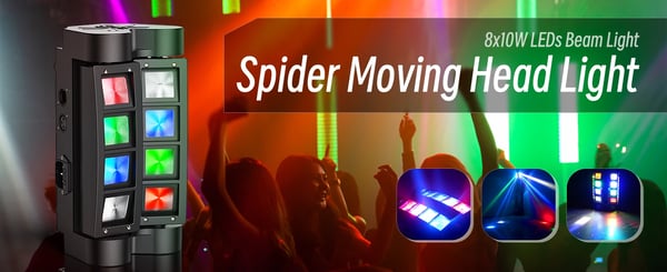 2 stk LED Spider Beam - Moving Head Scenelys - 8x10W RGBW - DMX512 7/15 kanaler - Lyd/Auto/Master-Slave - LCD-display - EU-stik