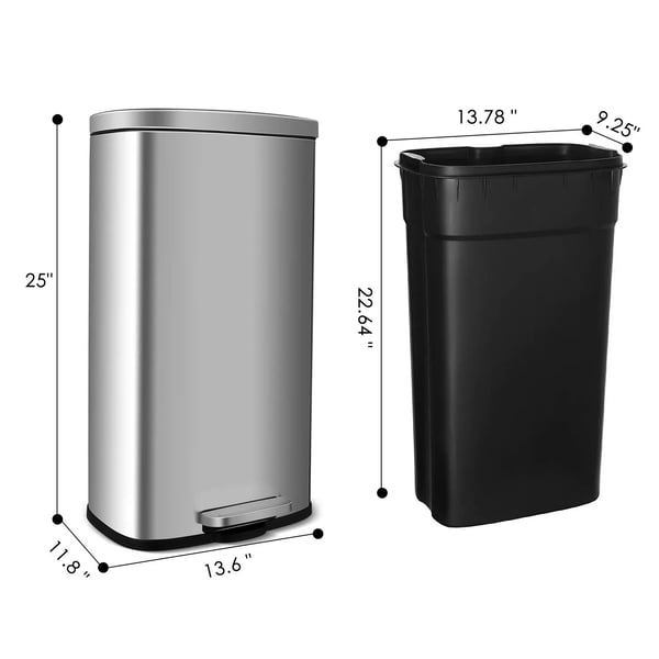 Affaldsspand - Pedalspand - 30 l - Rustfrit stål - Blød lukning - Rektangulær - Sort