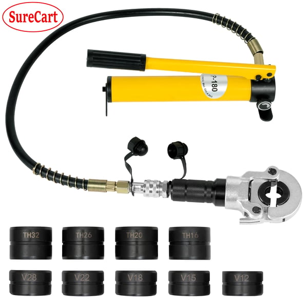 Hydraulisk presstang - med manuel pumpe - 6 t - 9 presbakker - V 12–28 mm - TH 16–32 mm - til rustfrit stål/kobber/PEX/PB rør - Gul
