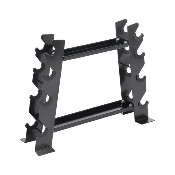 Multifunktionelt håndvægtsstativ - Vægtholder - Rustbestandig - 8 pladser - 2 greb 38/48 cm - Kulstofstål & gummi - 71×20,5×53 cm - Sort