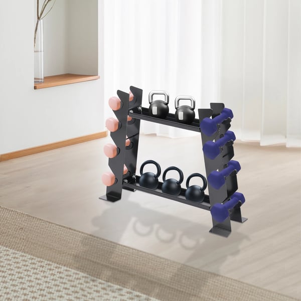 Multifunktionelt håndvægtsstativ - Vægtholder - Rustbestandig - 8 pladser - 2 greb 38/48 cm - Kulstofstål & gummi - 71×20,5×53 cm - Sort