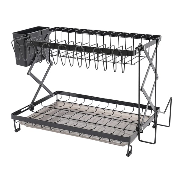 Diskställ - 2-vånings diskställ - Fällbart - Rosttåligt - Halkfria fötter - Bänkmodell - 40×28×31,5 cm - Svart