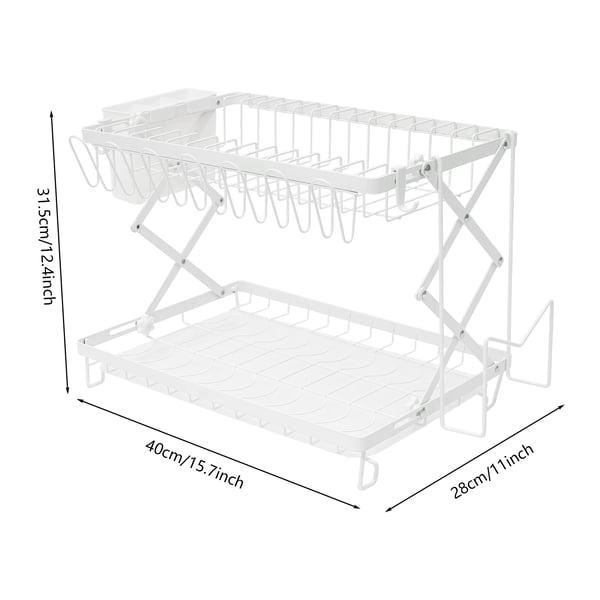 Opvaskestativ - 2-etagers - Rustbestandig - Sammenklappelig - Skridsikre fødder - 40×28×31,5 cm - PP + kulstål - Hvid