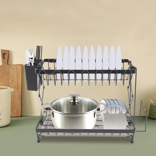 Opvaskestativ - 2-etagers stativ - Sammenklappelig - Rustbestandig - Skridsikre fødder - Bordmodel - 40×28×31,5 cm - Sort