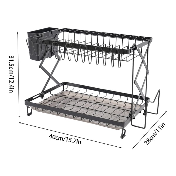Opvaskestativ - 2-etagers stativ - Sammenklappelig - Rustbestandig - Skridsikre fødder - Bordmodel - 40×28×31,5 cm - Sort