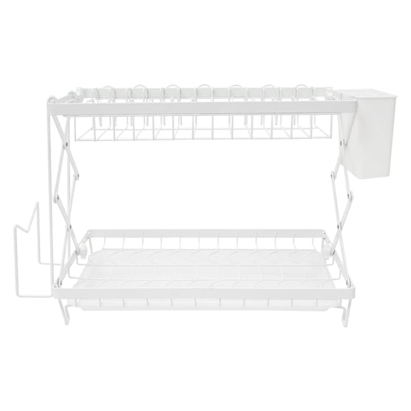 Astioiden kuivausteline - 2-tasoinen - Ruosteenkestävä - Taittuva - Liukuestepalat - 40×28×31,5 cm - PP + hiiliteräs - Valkoinen