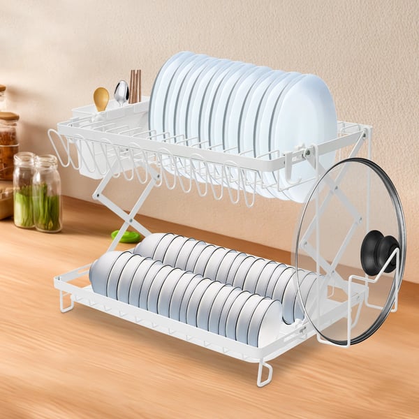Opvaskestativ - 2-etagers - Rustbestandig - Sammenklappelig - Skridsikre fødder - 40×28×31,5 cm - PP + kulstål - Hvid