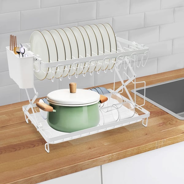 Opvaskestativ - 2-etagers - Rustbestandig - Sammenklappelig - Skridsikre fødder - 40×28×31,5 cm - PP + kulstål - Hvid
