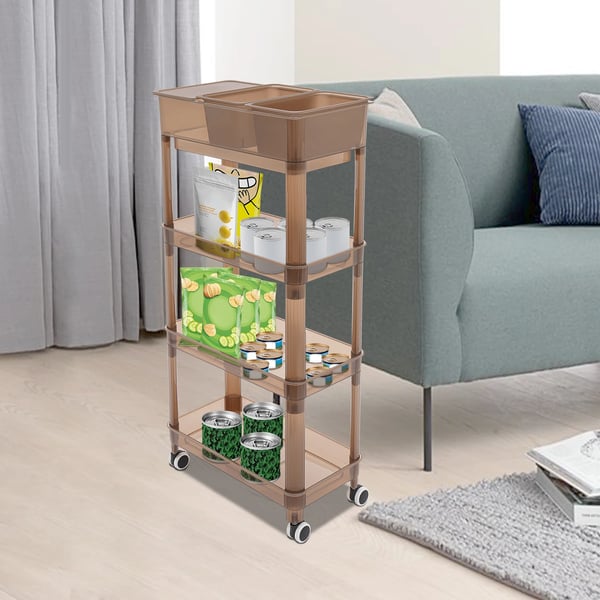 Opbevaringsvogn på hjul - 4-etagers rullevogn - 2 bokse - PP-plast - 45×23,5×91 cm - Max 10 kg - Gennemsigtig brun