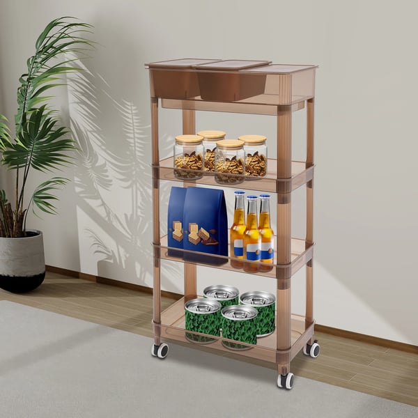 Opbevaringsvogn på hjul - 4-etagers rullevogn - 2 bokse - PP-plast - 45×23,5×91 cm - Max 10 kg - Gennemsigtig brun