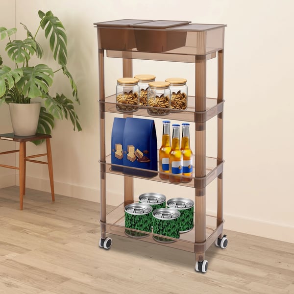 Opbevaringsvogn på hjul - 4-etagers rullevogn - 2 bokse - PP-plast - 45×23,5×91 cm - Max 10 kg - Gennemsigtig brun
