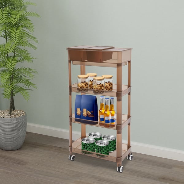 Opbevaringsvogn på hjul - 4-etagers rullevogn - 2 bokse - PP-plast - 45×23,5×91 cm - Max 10 kg - Gennemsigtig brun