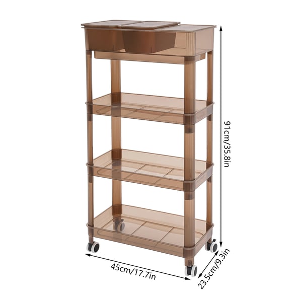 Opbevaringsvogn på hjul - 4-etagers rullevogn - 2 bokse - PP-plast - 45×23,5×91 cm - Max 10 kg - Gennemsigtig brun