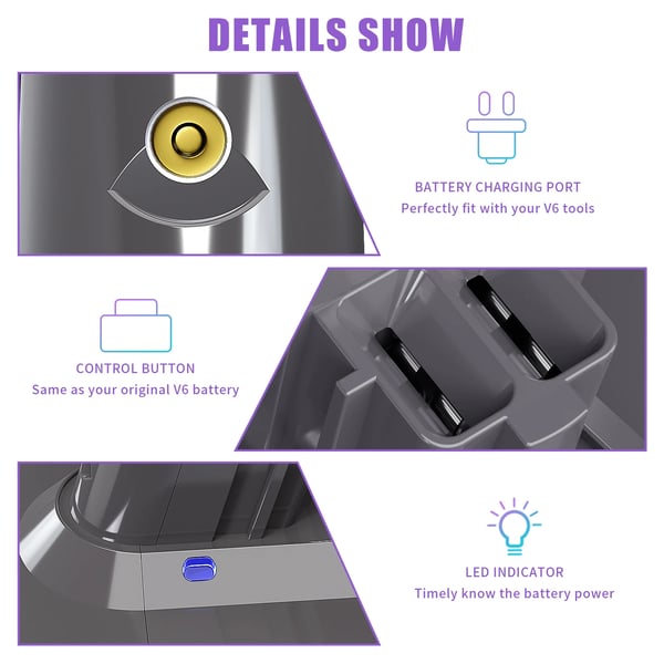 Til Dyson V6, erstatningsbatteri, 6000 mAh (6,0 Ah), gul, kompatibel med SV03/SV07/SV09/DC62/DC58/DC59