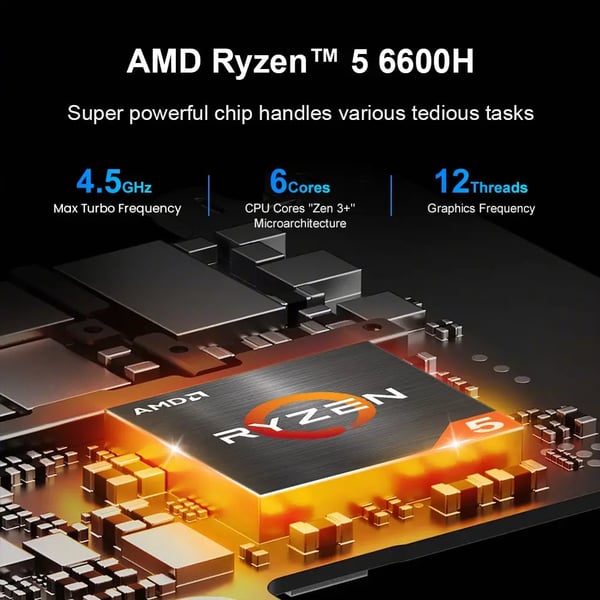 MBOX 6 - Minitietokone - AMD Ryzen 5 6600H (6C/12T, 4,5 GHz) - Muisti 16 Gt - SSD 512 Gt - Kolmoisnäyttö 4K - Windows 11, Wi‑Fi 6, 2,5G LAN - Hopea