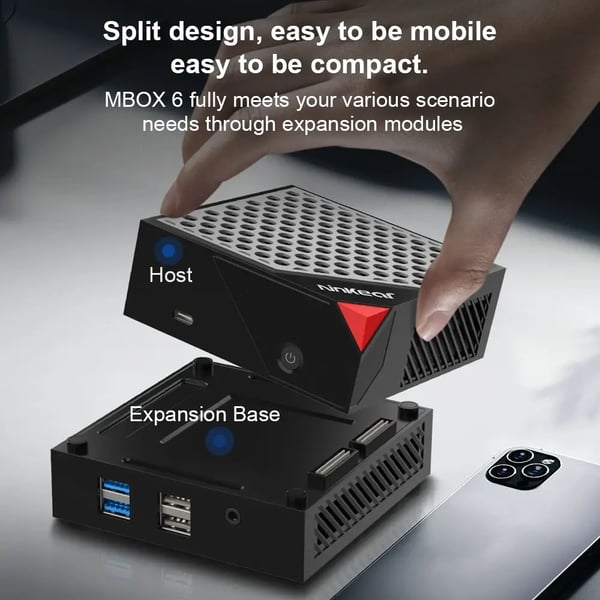 MBOX 6 - Minitietokone - AMD Ryzen 5 6600H (6C/12T, 4,5 GHz) - Muisti 16 Gt - SSD 512 Gt - Kolmoisnäyttö 4K - Windows 11, Wi‑Fi 6, 2,5G LAN - Hopea