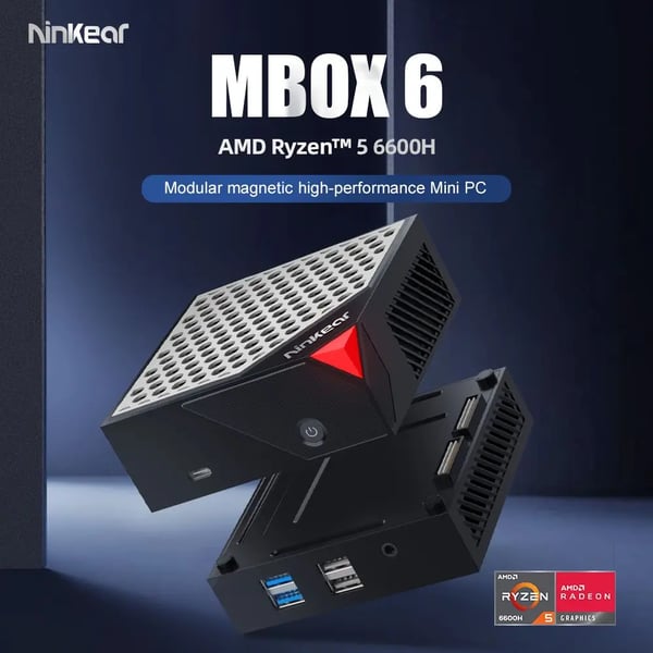 MBOX 6 - Minitietokone - AMD Ryzen 5 6600H (6C/12T, 4,5 GHz) - Muisti 16 Gt - SSD 512 Gt - Kolmoisnäyttö 4K - Windows 11, Wi‑Fi 6, 2,5G LAN - Hopea