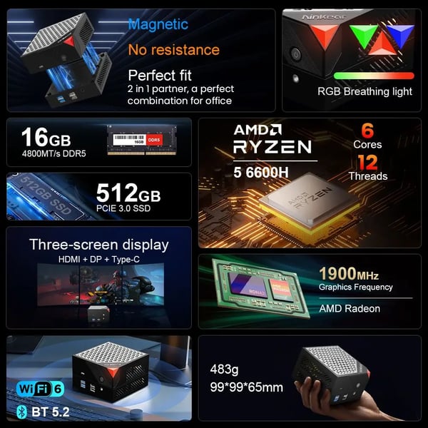 MBOX 6 - Minitietokone - AMD Ryzen 5 6600H (6C/12T, 4,5 GHz) - Muisti 16 Gt - SSD 512 Gt - Kolmoisnäyttö 4K - Windows 11, Wi‑Fi 6, 2,5G LAN - Hopea