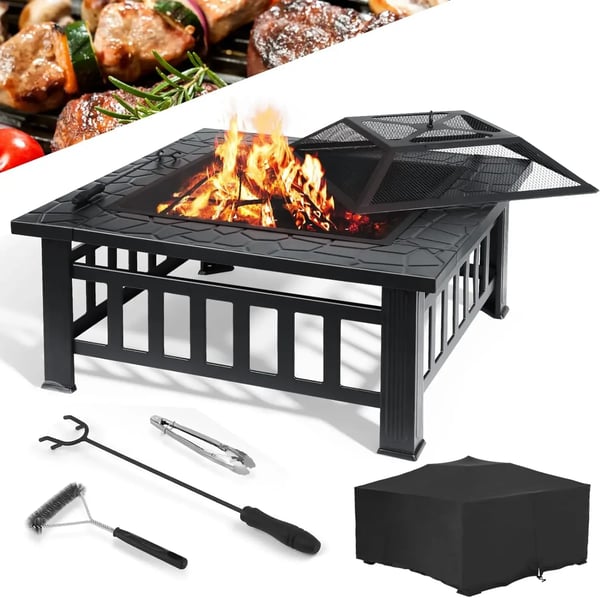 Havepejs - Bålsted/ildsted - 81×81×45 cm - Grillrist 51×51 cm - Vandtæt overtræk medfølger - Metal - Sort