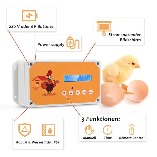 Automaattinen kanalan ovi avaajalla, paristokäyttöinen, valotunnistin, vedenpitävä, ABS, valkoinen