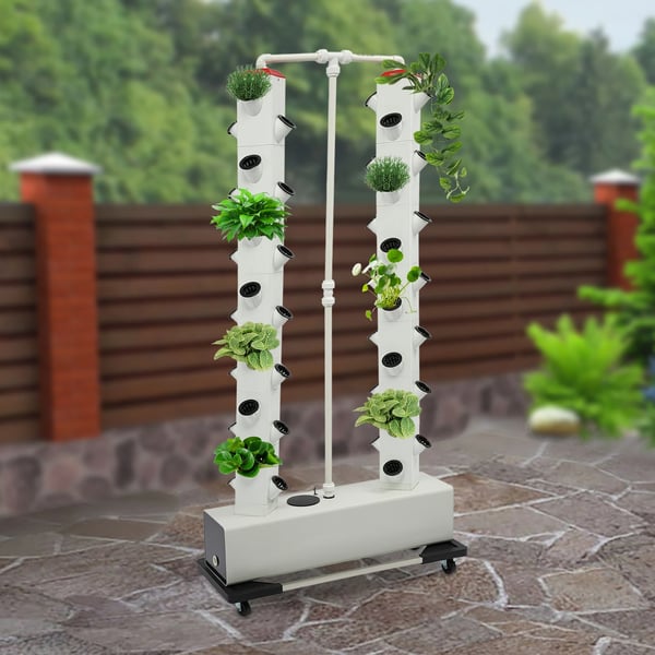 Hydroponisk dyrkningssæt - Vertikalt plantetårn - 56 plantehuller - 30 l vandtank - Læksikkert - Timer 15 min - PVC-plast - 80×20×165 cm - Hvid