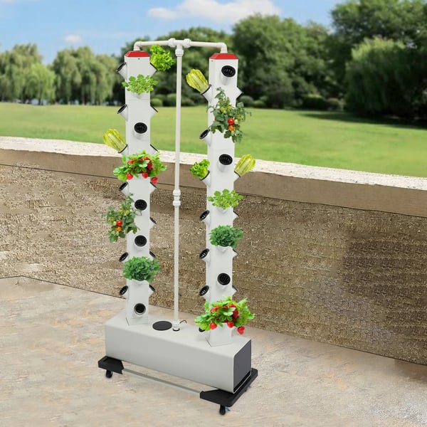 Hydroponisk dyrkningssæt - Vertikalt plantetårn - 56 plantehuller - 30 l vandtank - Læksikkert - Timer 15 min - PVC-plast - 80×20×165 cm - Hvid