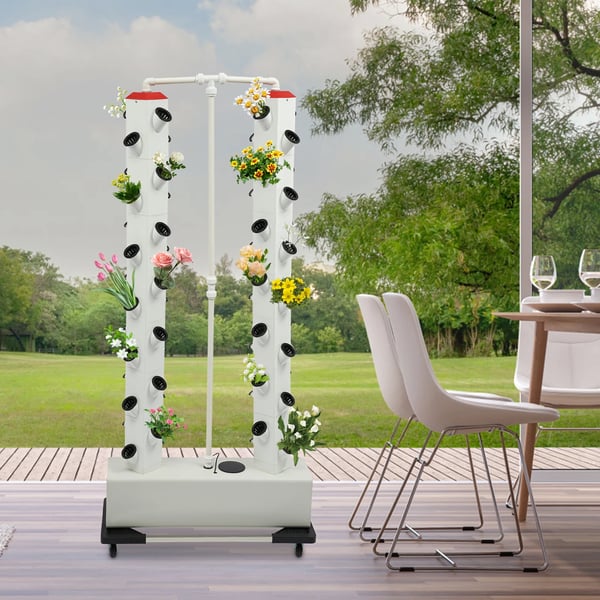 Hydroponisk dyrkningssæt - Vertikalt plantetårn - 56 plantehuller - 30 l vandtank - Læksikkert - Timer 15 min - PVC-plast - 80×20×165 cm - Hvid