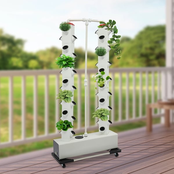 Hydroponisk dyrkningssæt - Vertikalt plantetårn - 56 plantehuller - 30 l vandtank - Læksikkert - Timer 15 min - PVC-plast - 80×20×165 cm - Hvid