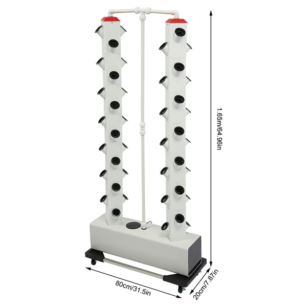 Hydroponisk dyrkningssæt - Vertikalt plantetårn - 56 plantehuller - 30 l vandtank - Læksikkert - Timer 15 min - PVC-plast - 80×20×165 cm - Hvid