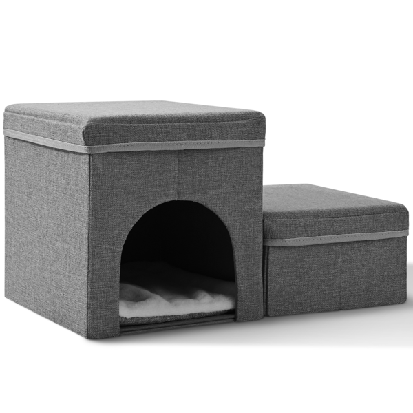 Hundetrappe, 2 trin, skridsikker til små hunde, foldbar med opbevaringsplads, lysegrå