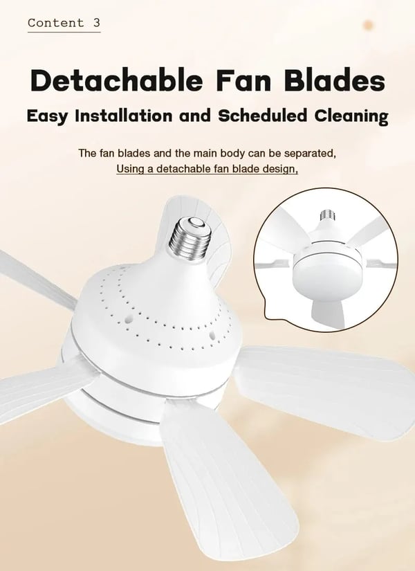Ventilatorlampe - E27 fatning - 46 cm diameter - Støjsvag drift - Aftagelige blade - 5 V - Uden fjernbetjening - Ingen timer - Hvid