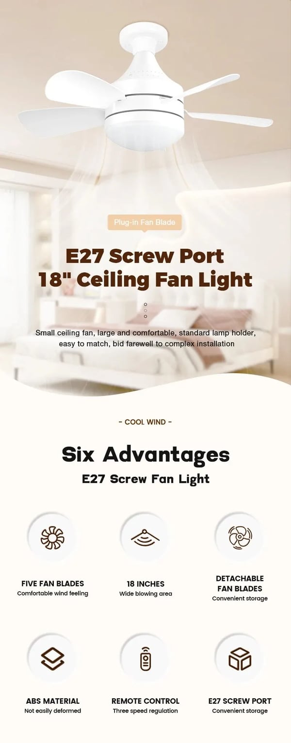 Ventilatorlampe - E27 fatning - 46 cm diameter - Støjsvag drift - Aftagelige blade - 5 V - Uden fjernbetjening - Ingen timer - Hvid