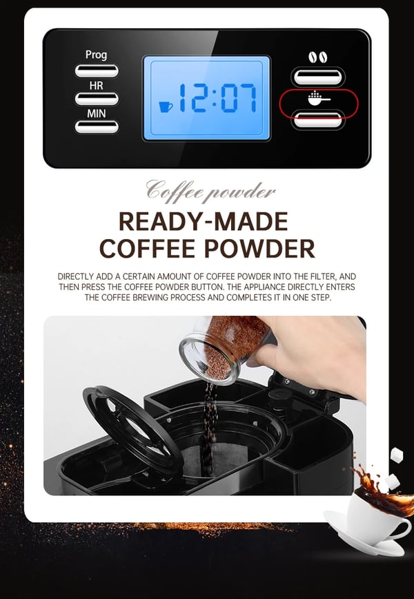 Fuldt automatisk 2-i-1 kaffemaskine - Espressomaskine og filterkaffe - Indbygget bønnekværn - LED-display - Op til 4 kopper - EU-stik