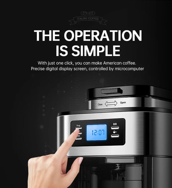 Fuldt automatisk 2-i-1 kaffemaskine - Espressomaskine og filterkaffe - Indbygget bønnekværn - LED-display - Op til 4 kopper - EU-stik