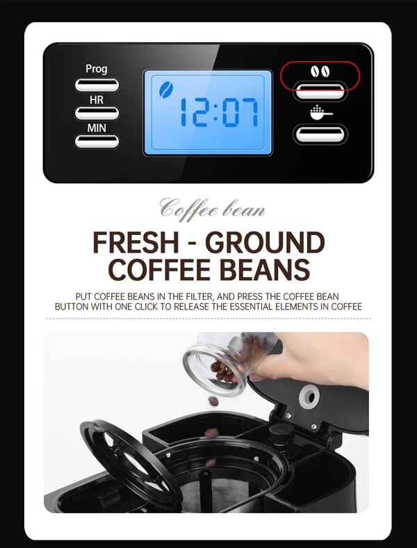 Fuldt automatisk 2-i-1 kaffemaskine - Espressomaskine og filterkaffe - Indbygget bønnekværn - LED-display - Op til 4 kopper - EU-stik