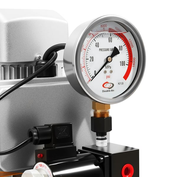 Sähköhydraulipumppu - Yksitoiminen, Käsiventtiili - 70 MPa/10 000 psi - 7 l - 750 W - 0,9–5 l/min - 1400 rpm - US‑pistoke - Keltainen