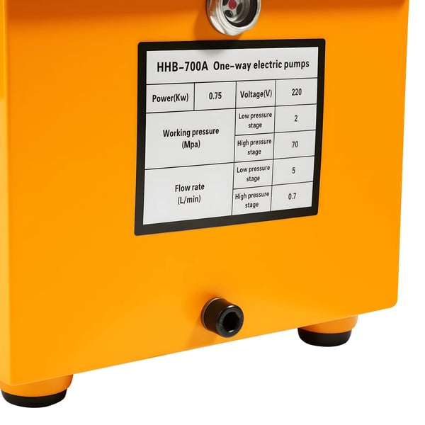 Sähköhydraulipumppu - Yksitoiminen, Käsiventtiili - 70 MPa/10 000 psi - 7 l - 750 W - 0,9–5 l/min - 1400 rpm - US‑pistoke - Keltainen