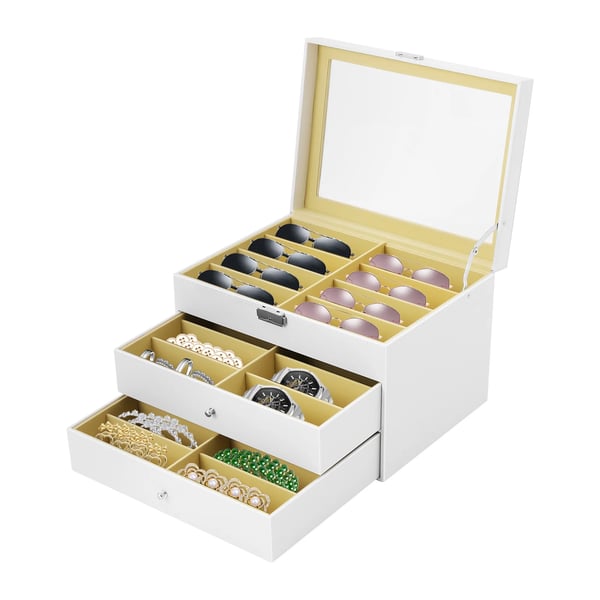 Brille- og solbrille displaykasse - Opbevaringskasse - 3 lag - 24 rum - Glaslåg & udtræksskuffe - PU-læder - Hvid