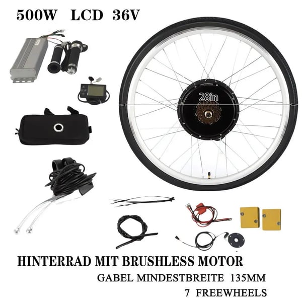 Elcykel konverteringssæt - Baghjul 71 cm - 48V 1000W navmotor - LCD-display - PAS-sensor - Lysegrå