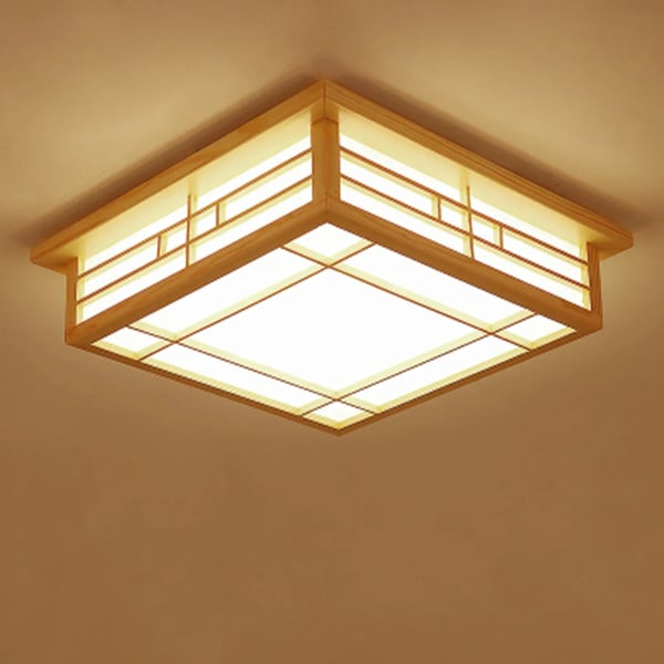 Japanilaistyylinen kattovalaisin, LED 24W, neliöpohja, mäntypuu & PVC, lämmin valo makuuhuoneeseen tai olohuoneeseen