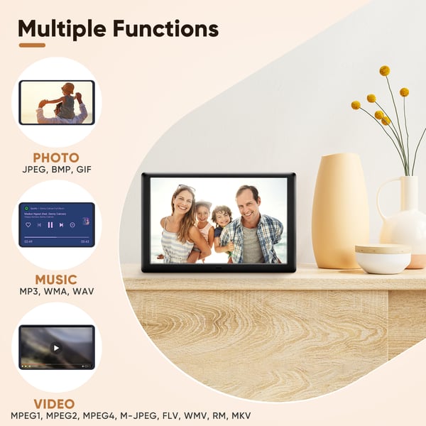 Digital fotoram, 10,1 tum IPS HD-pekskärm 1280x800, 32 GB, svart, väggmonterbar, med fjärrkontroll