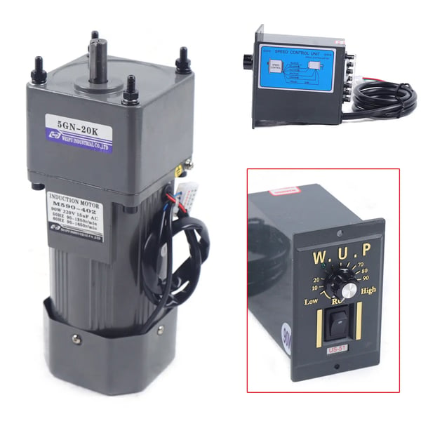Växelmotor - AC Asynkron 220V 90W - Enfas - Reduktionsväxel - Hastighetsregulator Ingår - 20K