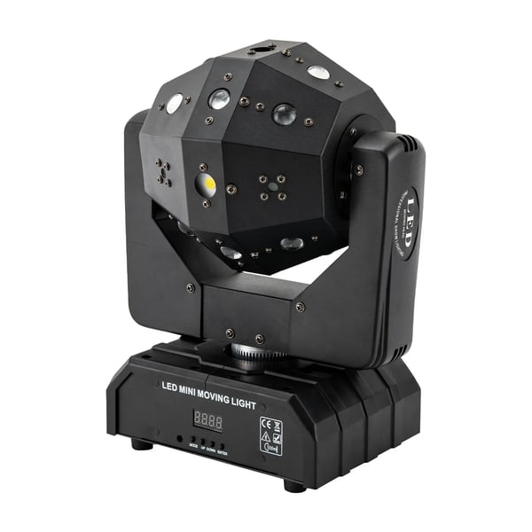Moving Head LED -valaisin, näyttämövalo, 16 RGB-LEDiä, 360° kääntö, ääniohjaus, DMX512, automaattitila, juhliin ja häihin