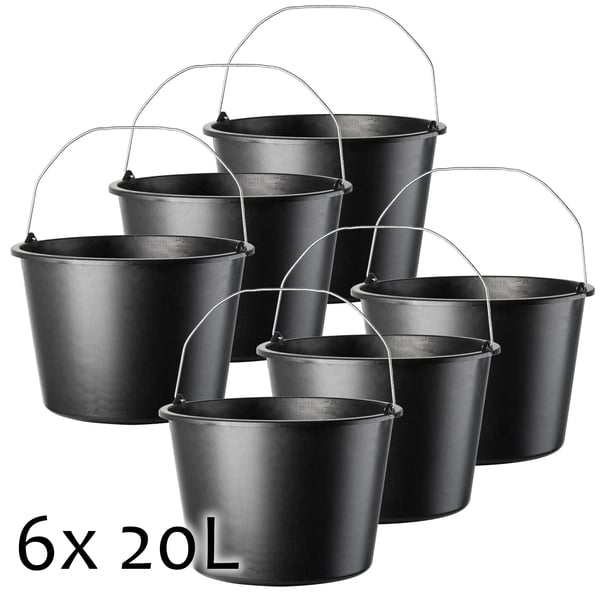 Plastspande - Byggespand 20 l - Sæt med 6 - Til Byggeri og Renovering - Robust Plast