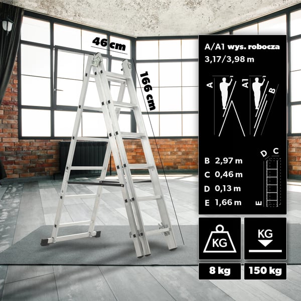 Aluminiumstige - Multifunktionsstige - 3-delt 6 trin/pr. del - Belastning 150 kg - Med krog - Kombistige