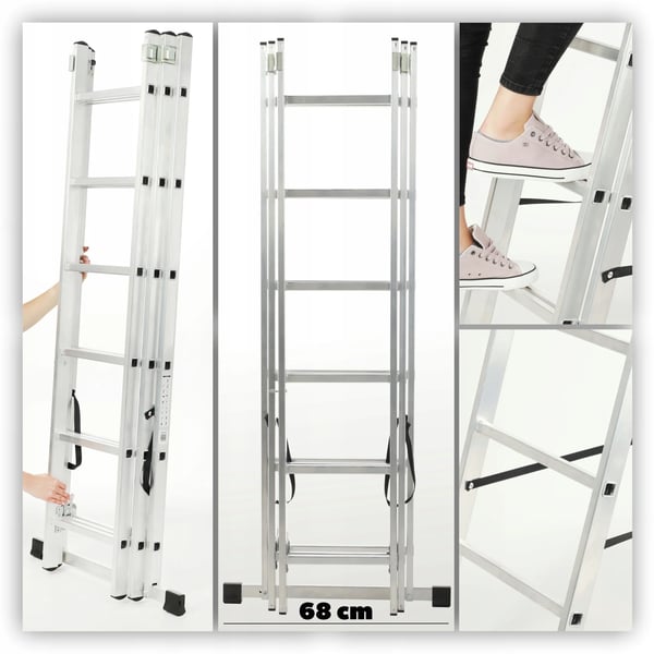 Aluminiumstige - Multifunktionsstige - 3-delt 6 trin/pr. del - Belastning 150 kg - Med krog - Kombistige